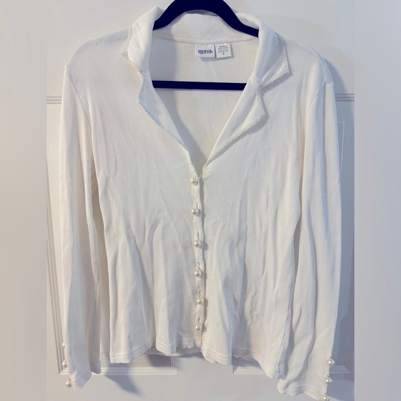 90’s Rib Knit Pearl Button Up Scallop Collar Cardigan 100% Cotton Girly Fun VTG - Picture 1 of 13